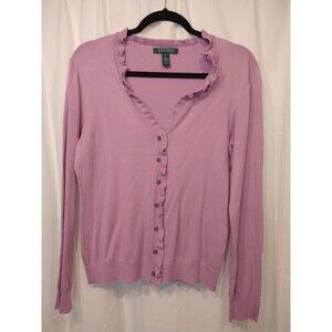 Lauren Ralph Lauren Med Lavender Cardigan Sweater Ruffle Collar Long Sleeve